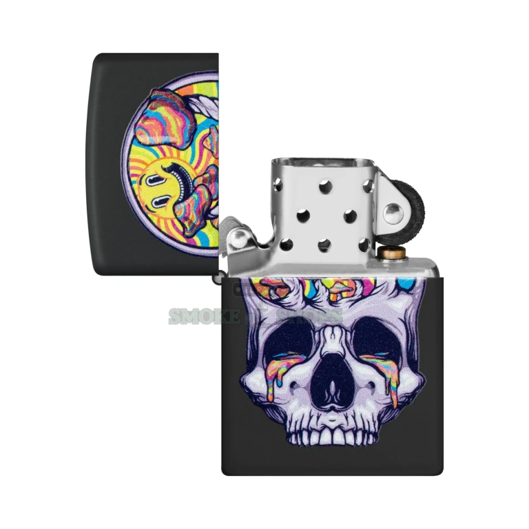 Zippo Skull Moon Black Light lighter 48737 in Black Matte, showing the grinning sun and multicolor mushroom skull Color Image art