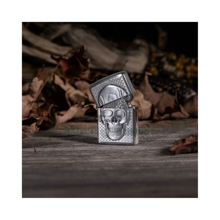Zippo 29818 skull lighter opened to reveal the sculpted brain set inside the case