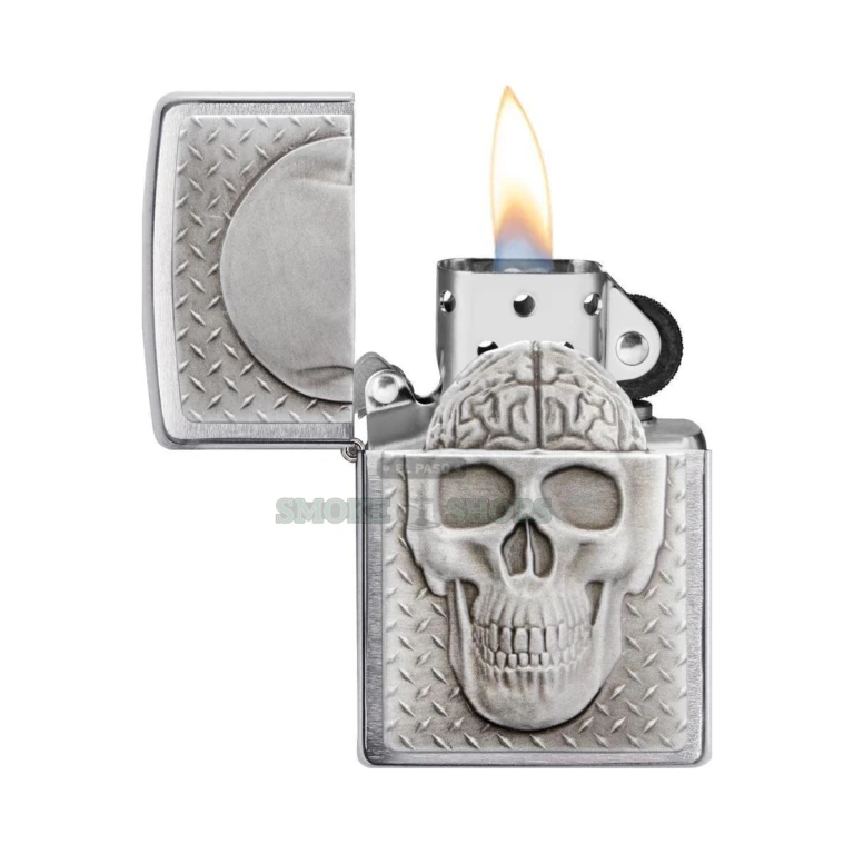Brushed Chrome Zippo skull lighter side profile showing the classic case and hinged lid