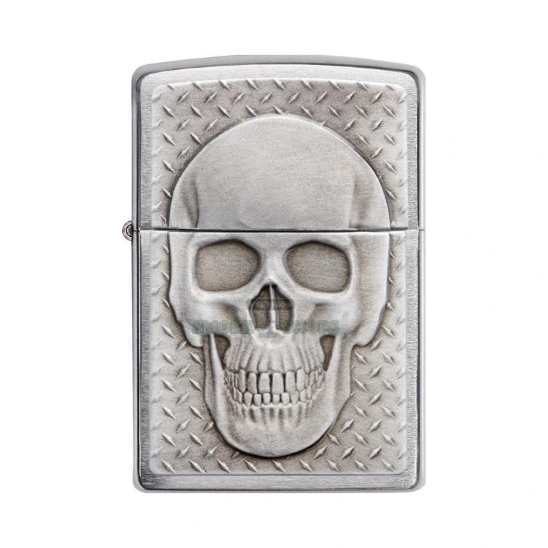 Zippo Skull with Brain Surprise lighter 29818 in Brushed Chrome, closed, showing the detailed metal skull emblem on the front of the case