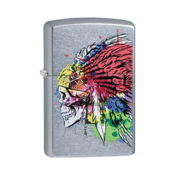 Zippo Skull with Headdress windproof lighter, brass case with skull and feathered headdress design, front view, lid closed