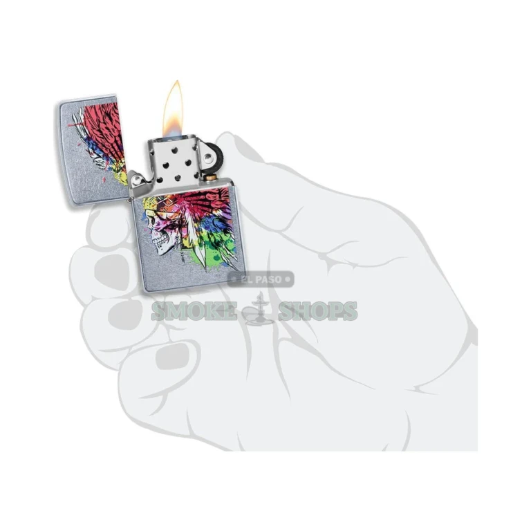 Close-up of the Skull with Headdress artwork detail on the Zippo case front