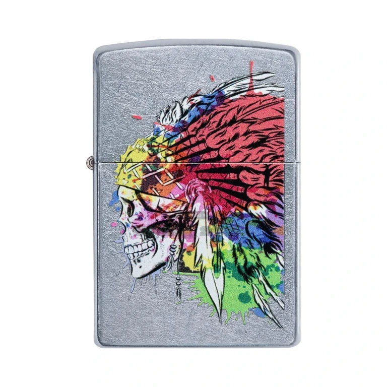 Zippo Skull with Headdress windproof lighter, brass case with skull and feathered headdress design, front view, lid closed
