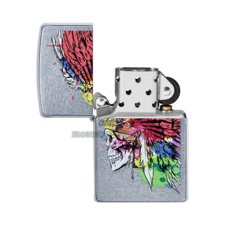 Zippo Skull with Headdress windproof lighter, brass case with skull and feathered headdress design, front view, lid closed