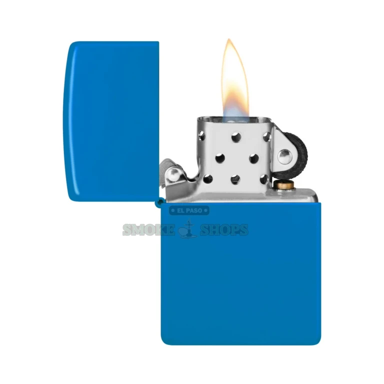 Sky Blue Matte Zippo lighter with the hinged lid up and the flint strike wheel visible