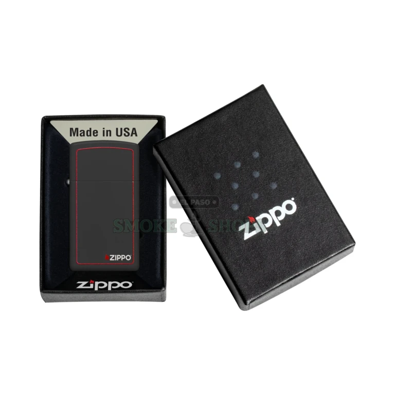 Zippo Slim Black Matte windproof lighter model 1618ZB with red-border Zippo logo, closed front view