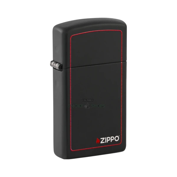 Zippo Slim Black Matte windproof lighter model 1618ZB with red-border Zippo logo, closed front view