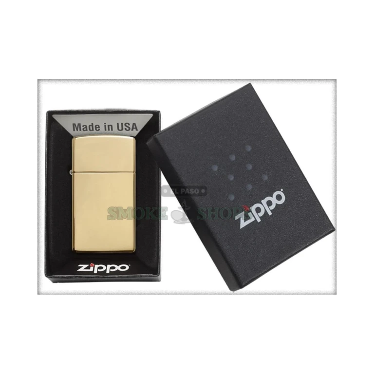 Zippo Slim High Polish Brass windproof lighter model 1654B with a mirror-finish solid brass case, lid closed