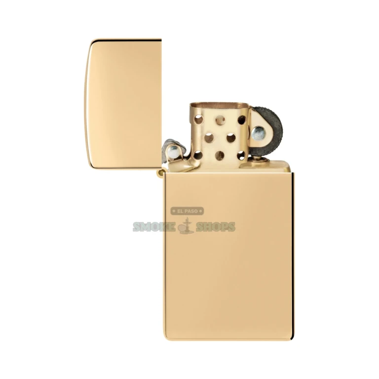 Zippo Slim High Polish Brass windproof lighter model 1654B with a mirror-finish solid brass case, lid closed