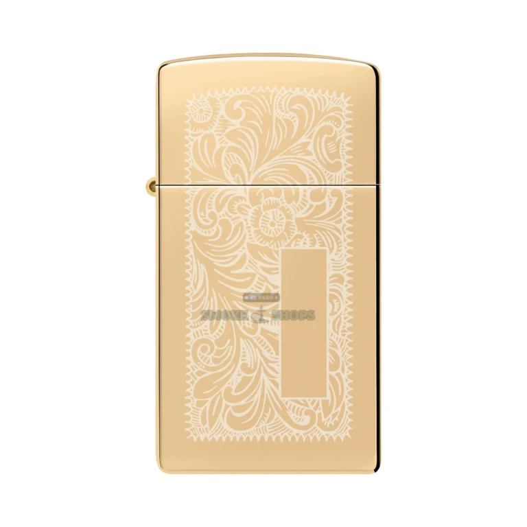 Side profile of the narrow Zippo Slim brass case highlighting its 0.38 inch width