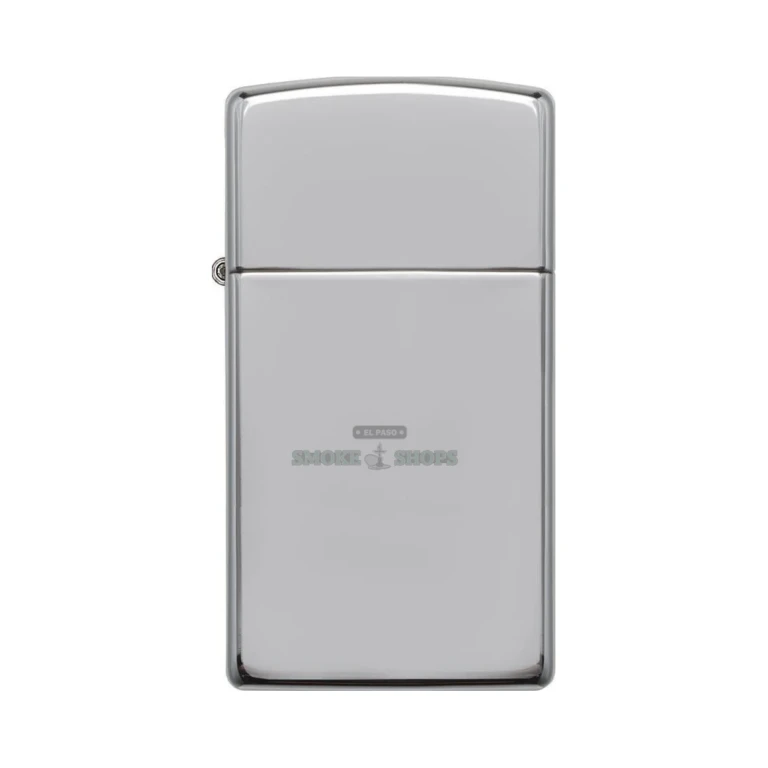 Zippo Slim 1610 high polish chrome lighter open with lid flipped showing the windproof chimney and wick