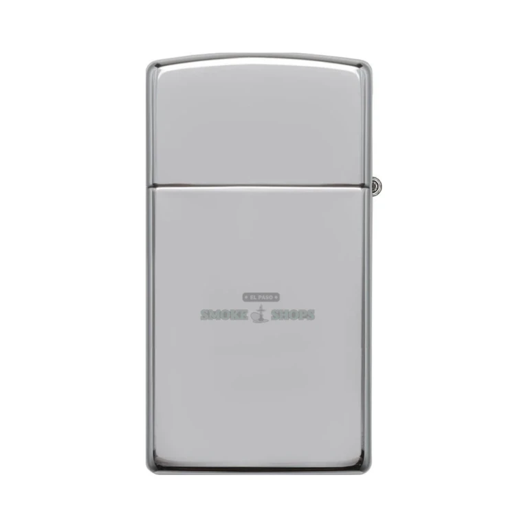 Side profile of the slim chrome-plated brass Zippo case showing its narrow 0.38-inch thickness