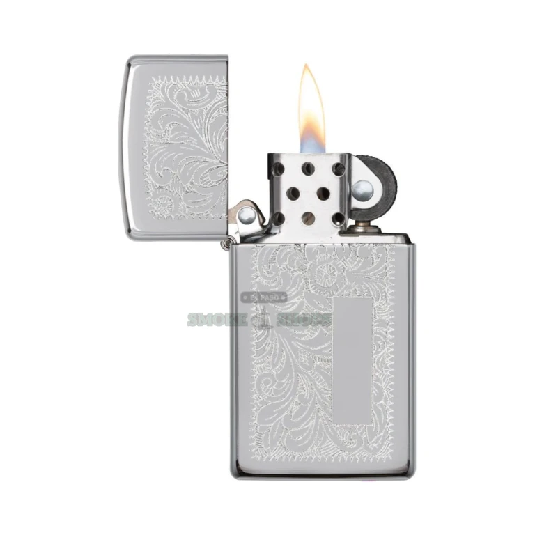 Close-up of the Venetian floral engraving on the mirror high polish chrome Slim Zippo case