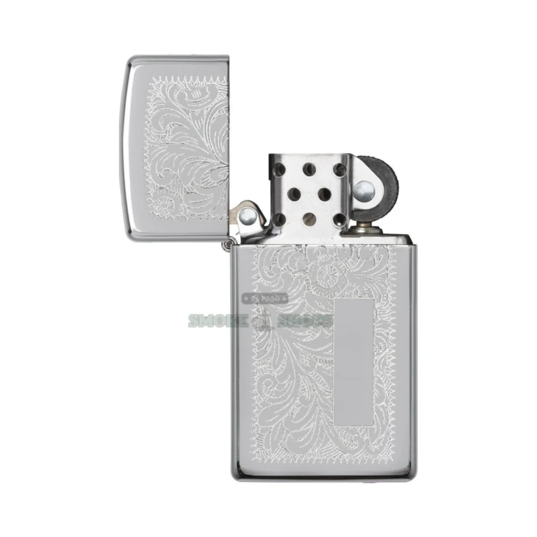 Zippo Slim 1652 shown on its side to display the narrow Slim case profile