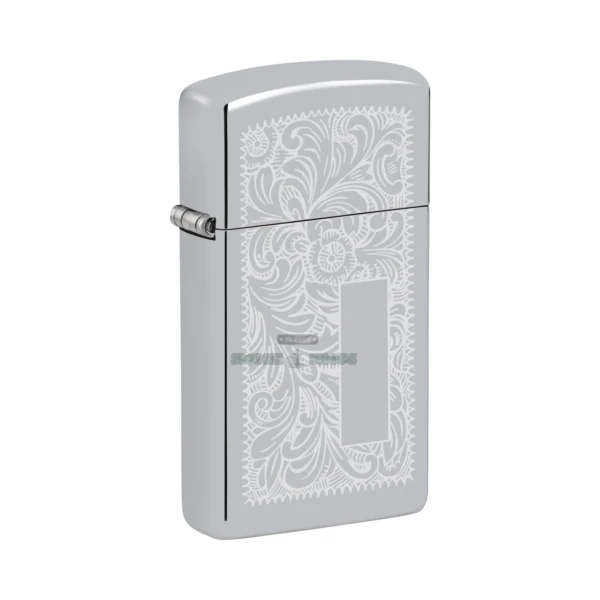 Zippo Slim Venetian high polish chrome windproof lighter model 1652, closed, showing the engraved floral and scroll pattern