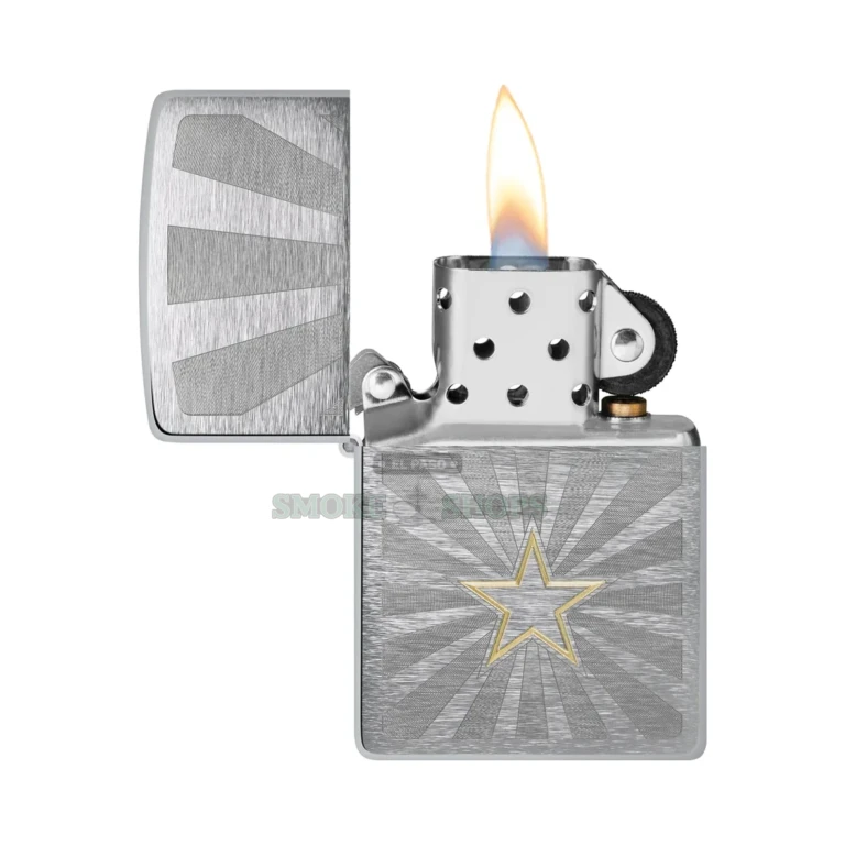 Close-up of the brass Auto Two-Tone star and radiating beams on the Brushed Chrome Zippo 48657 lighter case