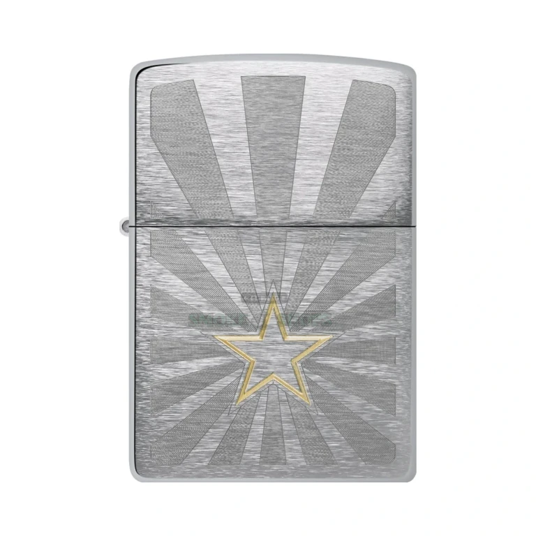 Zippo Star Design 48657 lighter shown open with the windproof chimney and flame