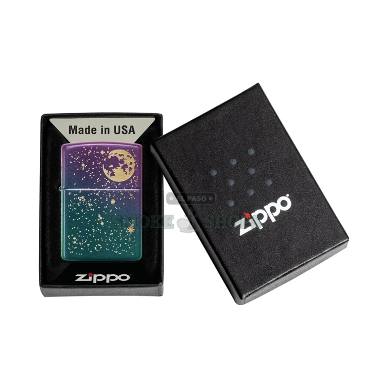 Zippo Starry Sky lighter opened to show the all-metal brass windproof insert and chimney