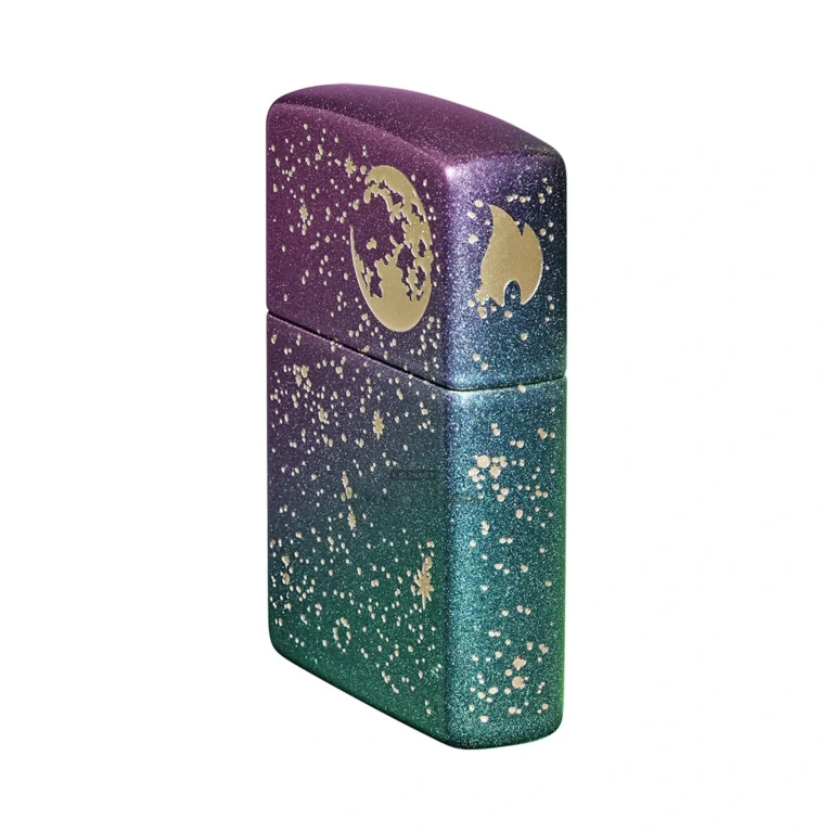 Side view of the Zippo Starry Sky engraved stars wrapping the iridescent Classic case