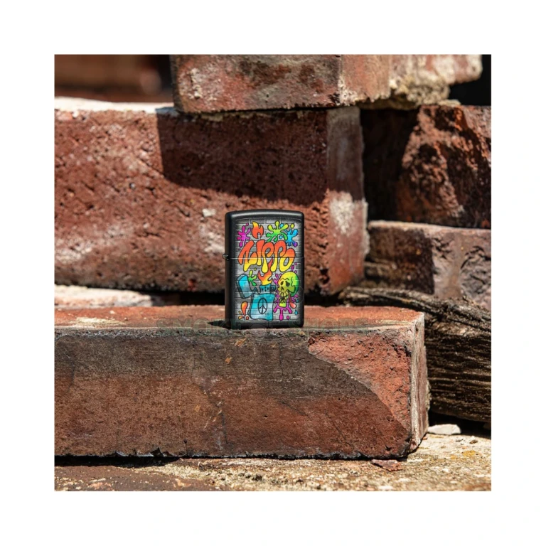 Zippo 49605 Color Image lighter showing graffiti on a stone wall with the Zippo logo and a windproof lighter motif