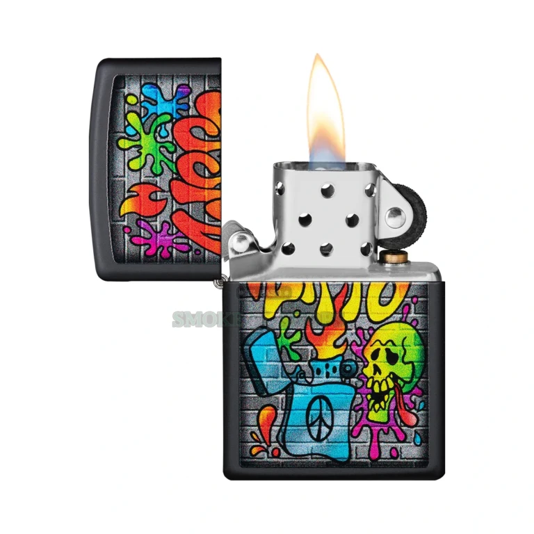 Black matte Zippo windproof lighter shown open with the lid up at El Paso Smoke Shops