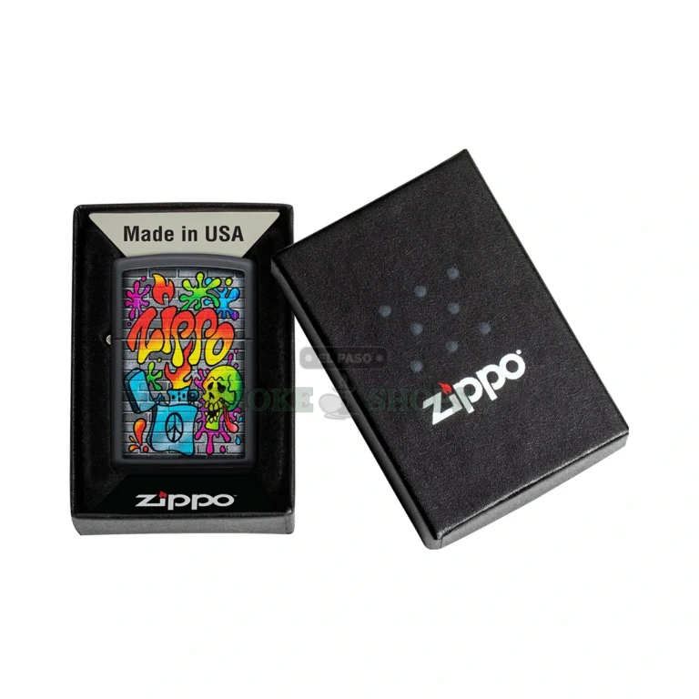 Zippo Street Art graffiti lighter in black matte, model 49605, front view showing a skull and colorful paint splats