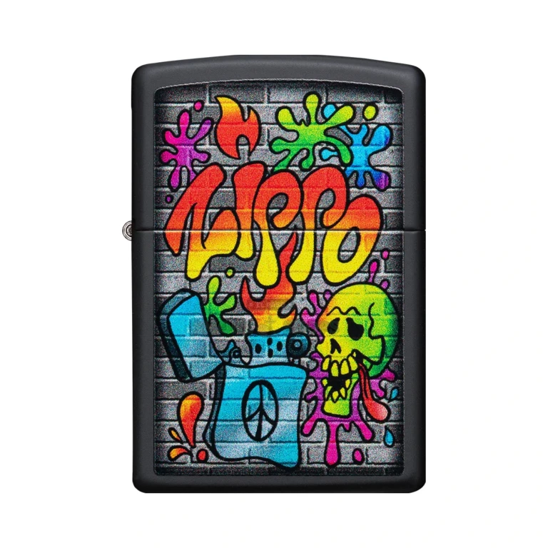 Zippo Street Art graffiti lighter in black matte, model 49605, front view showing a skull and colorful paint splats