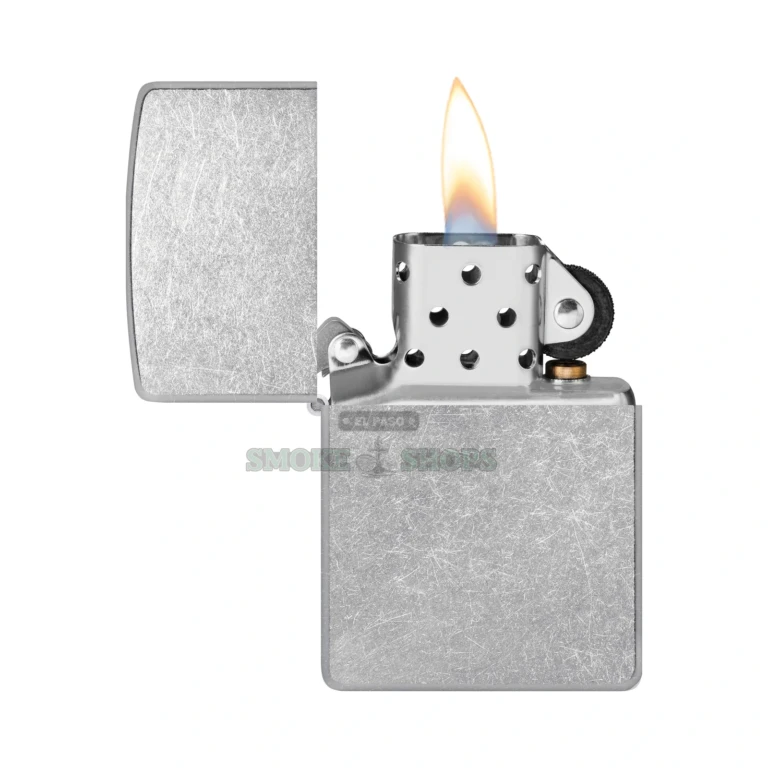 Zippo 207 Street Chrome lighter open with lit flame and windproof chimney