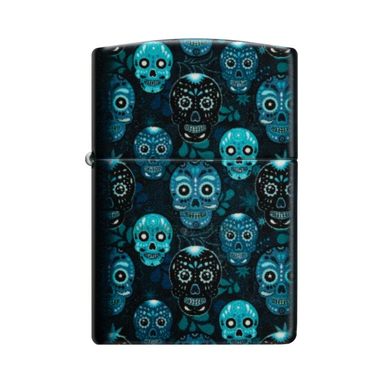 Zippo Sugar Skulls 540 Color glow-in-the-dark windproof lighter model 46017, front view with Dia de los Muertos calaveras