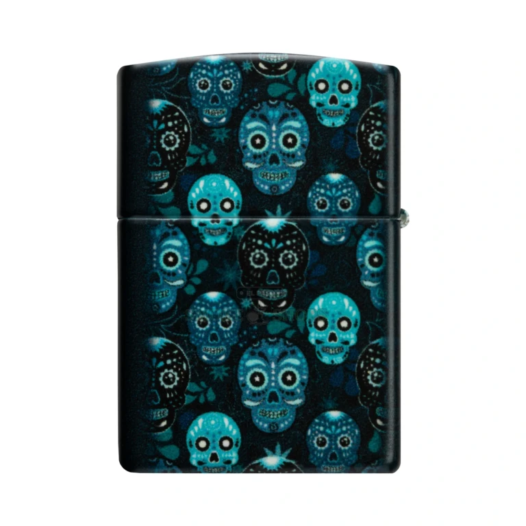 Zippo Sugar Skulls 540 Color glow-in-the-dark windproof lighter model 46017, front view with Dia de los Muertos calaveras