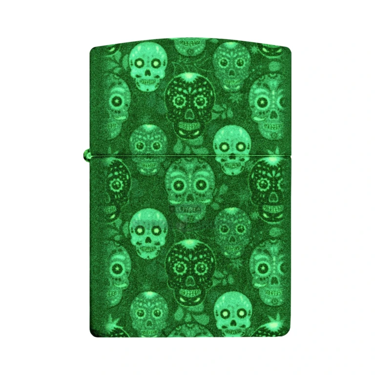 Zippo Sugar Skulls 540 Color glow-in-the-dark windproof lighter model 46017, front view with Dia de los Muertos calaveras