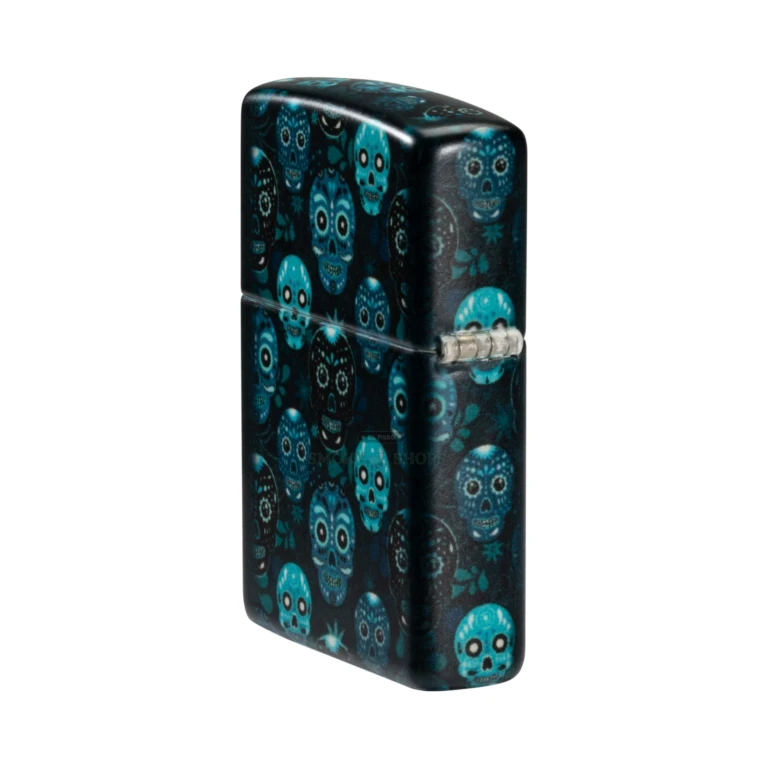 Zippo Sugar Skulls 540 Color glow-in-the-dark windproof lighter model 46017, front view with Dia de los Muertos calaveras