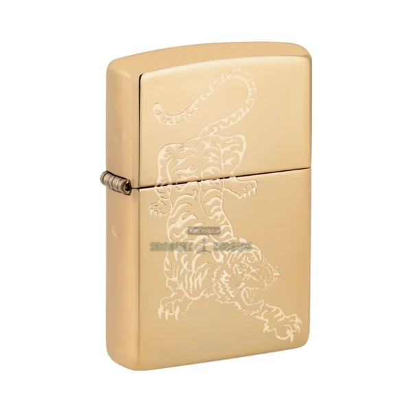 Zippo Tattoo Tiger windproof lighter 29884 with laser-engraved tiger on High Polish Brass, closed