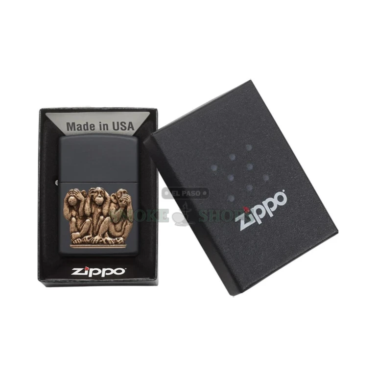 Zippo Three Monkeys 29409 black matte lighter shown in a Zippo gift box at El Paso Smoke Shops