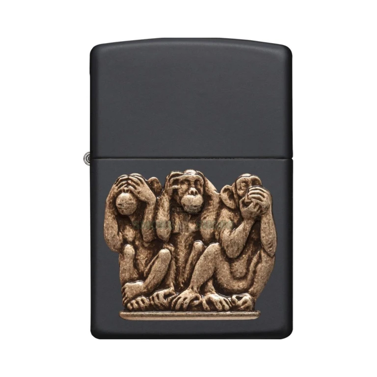 Zippo Three Monkeys black matte windproof lighter, model 29409, front view with the solid-brass see-no-evil emblem