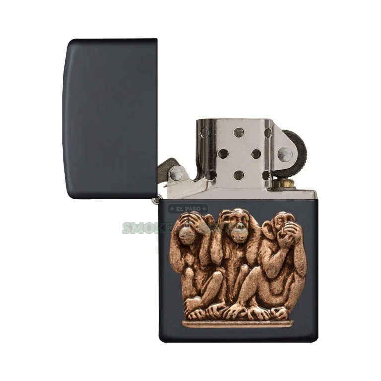 Zippo Three Monkeys black matte windproof lighter, model 29409, front view with the solid-brass see-no-evil emblem