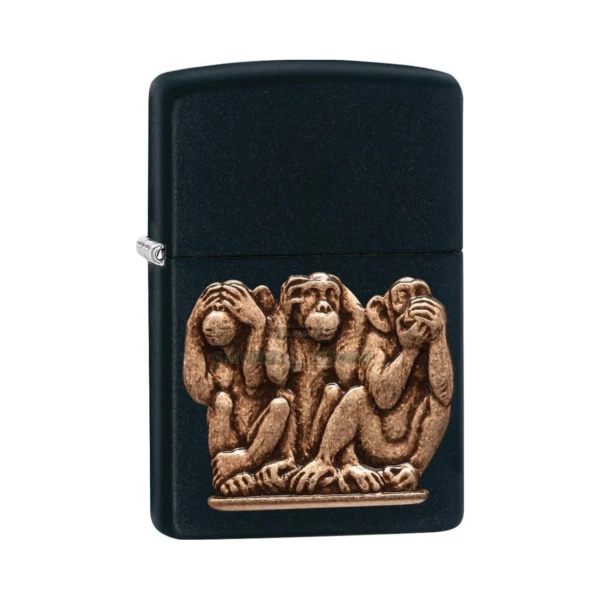 Zippo Three Monkeys black matte windproof lighter, model 29409, front view with the solid-brass see-no-evil emblem