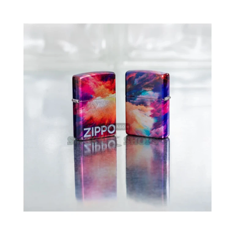 Zippo 48982 Tie Dye 540 Fusion lighter open with the windproof chimney and flame visible