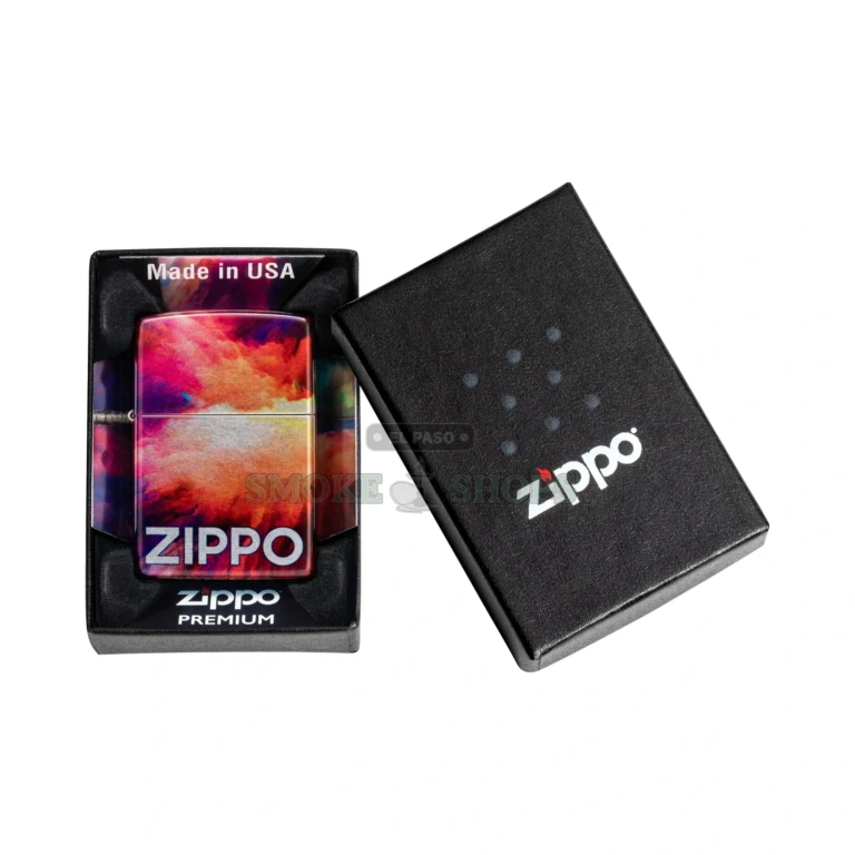 Zippo Tie Dye 540 Fusion windproof lighter model 48982 with iridescent multicolor watercolor and chrome wrap, closed front view