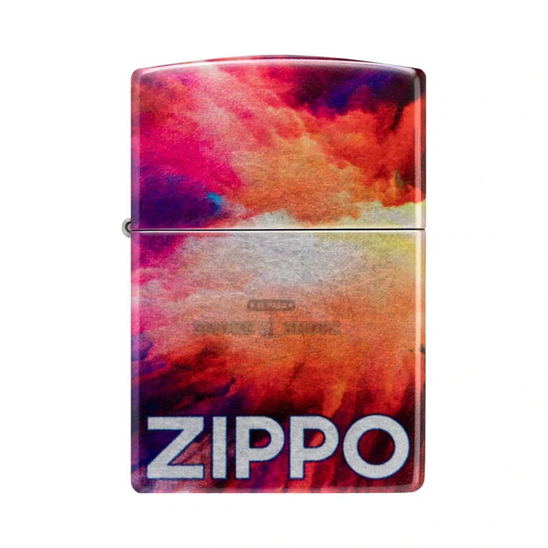 Zippo Tie Dye 540 Fusion windproof lighter model 48982 with iridescent multicolor watercolor and chrome wrap, closed front view