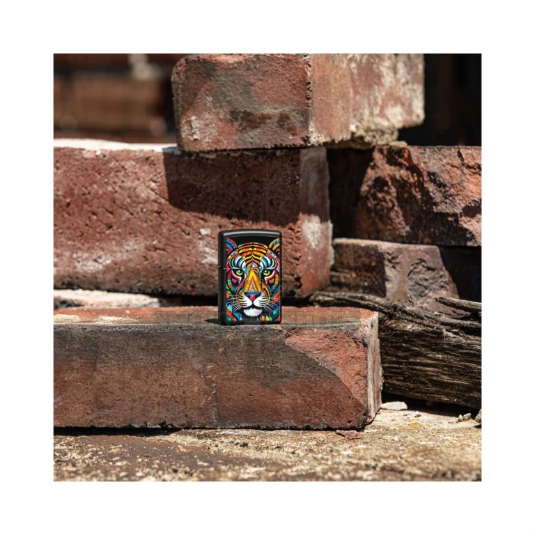 Black matte Zippo lighter showing the Color Image tiger design across the case