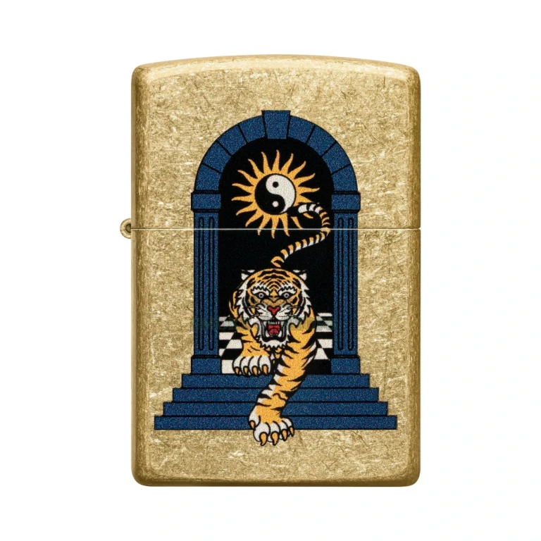 Zippo 48613 Tumbled Brass lighter shown open with the windproof chimney and Classic case