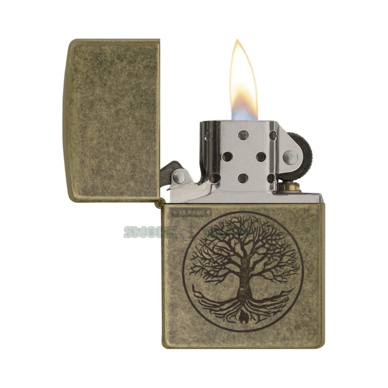 Close-up of the Lustre-etched Tree of Life artwork on the aged Antique Brass Zippo case