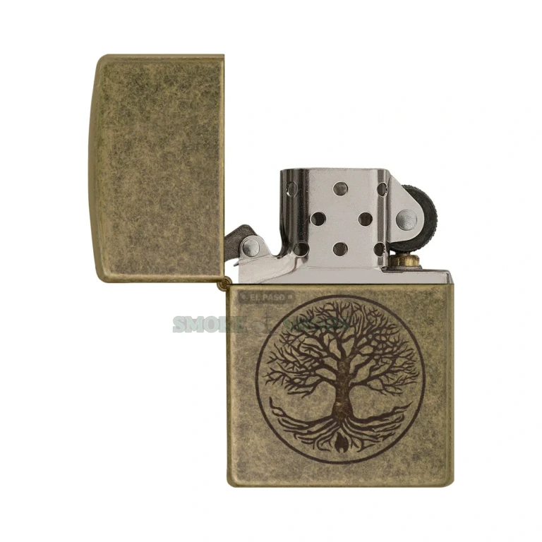 Zippo Tree of Life Antique Brass windproof lighter, model 29149, closed front view showing the etched tree design