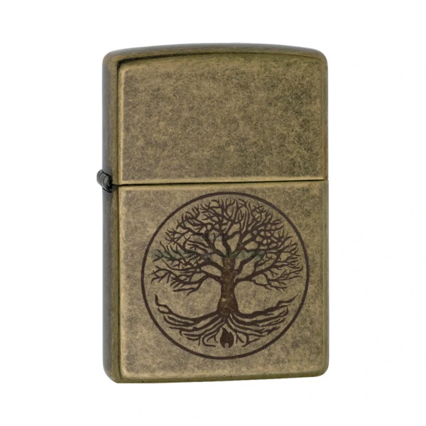 Zippo Tree of Life Antique Brass windproof lighter, model 29149, closed front view showing the etched tree design