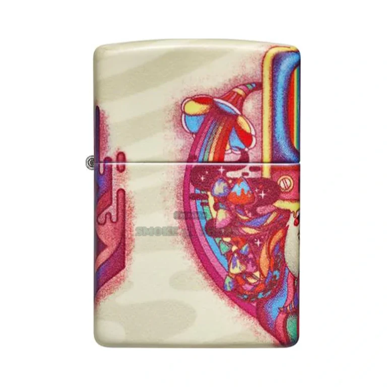 Side view of the Zippo Trippy 540 Color lighter showing the wrap-around mushroom and phonograph artwork continuing around the case