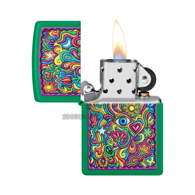 Close-up of the abstract psychedelic 'love, peace and grooviness' Color Image graphic on the Grass Green Matte case