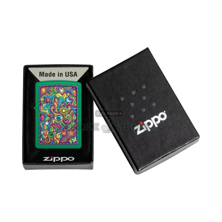 Back view of the Zippo Trippy Grass Green Matte Classic-case lighter showing the matte powder-coat finish