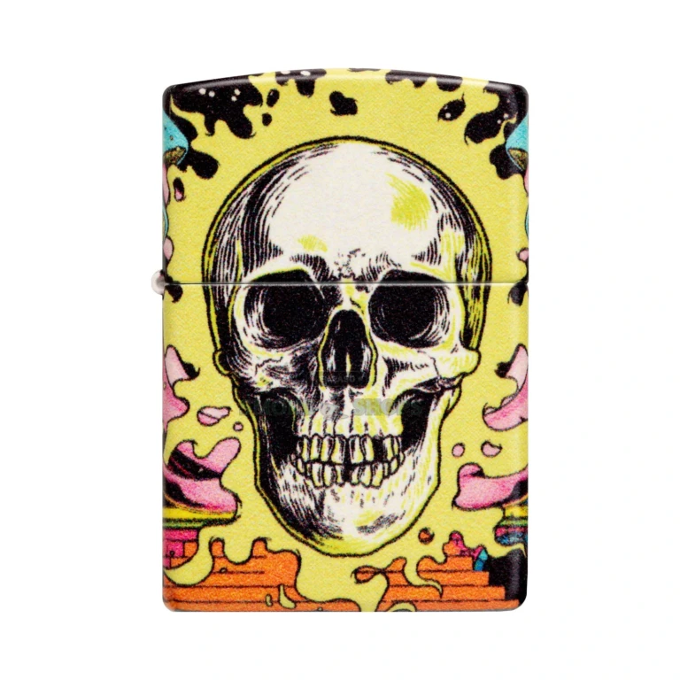 Zippo Trippy Skull 540 Color glow-in-the-dark lighter 48640 standing closed, skull and mushrooms wrapping the case