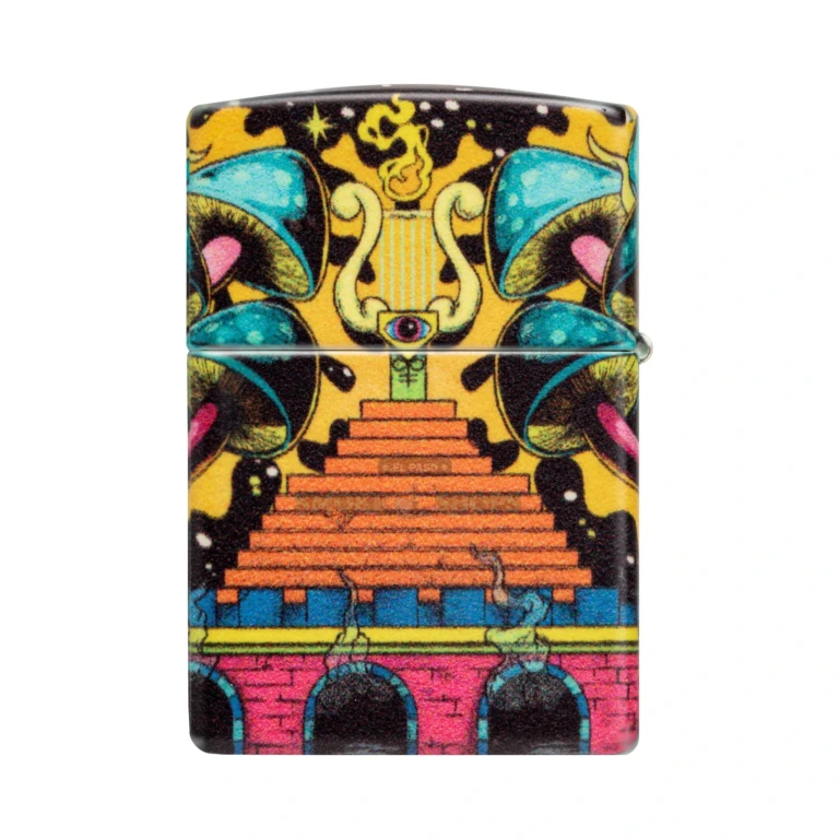Zippo Trippy Skull 540 Color glow-in-the-dark lighter 48640 standing closed, skull and mushrooms wrapping the case